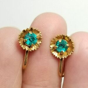 Vintage Gold Filled Blue Green Rhinestone B+N Signed Clip On Screw Back Earrings